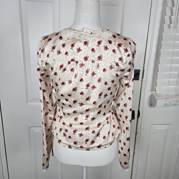 Free People Field Of Roses Satin Lace Top XS Cream Red Coquette Peasant NWT - Picture 2 of 16